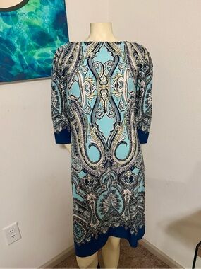 London Times Aqua Paisley Midi Dress with Navy Accents